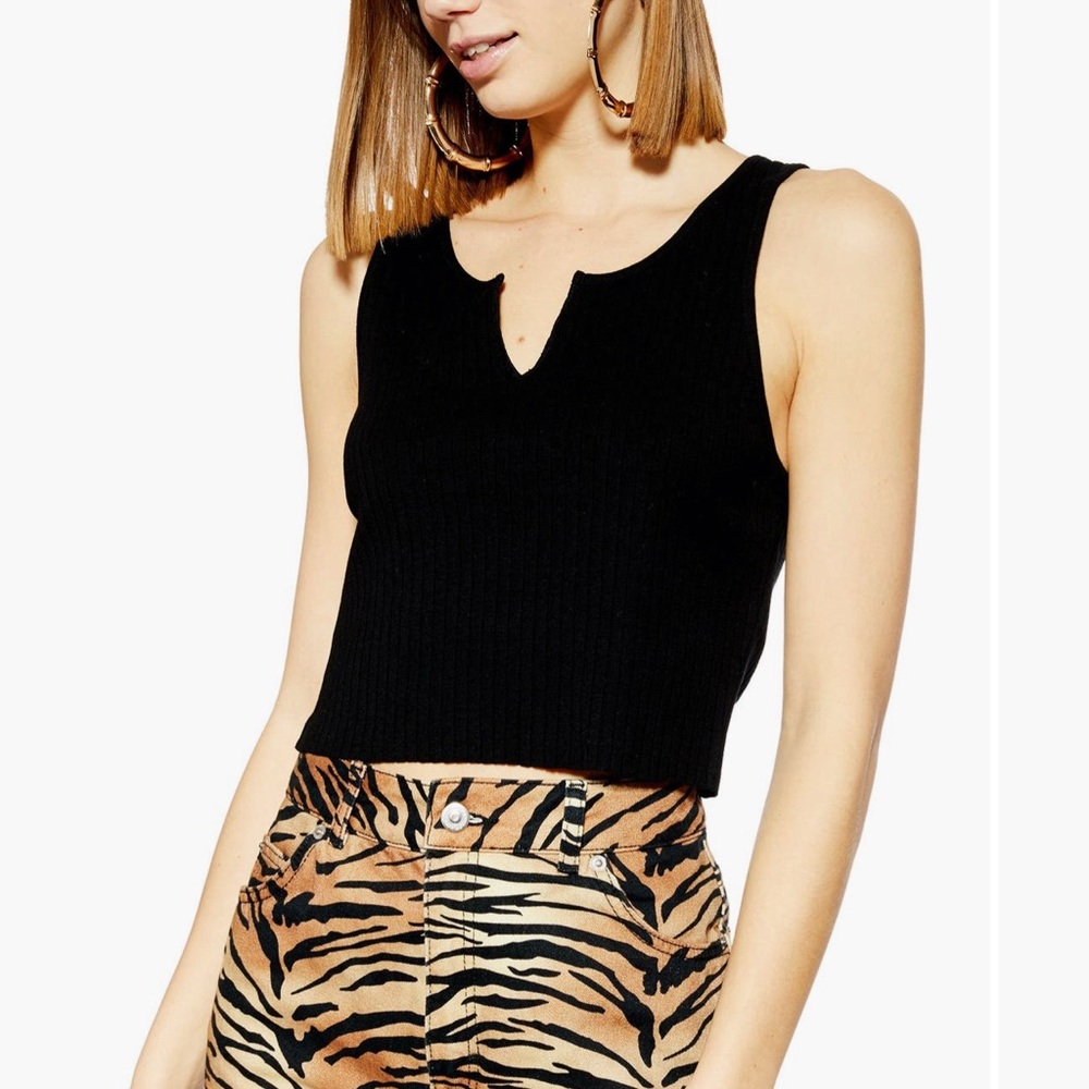 Topshop Black Ribbed Notched Tank Top size 6